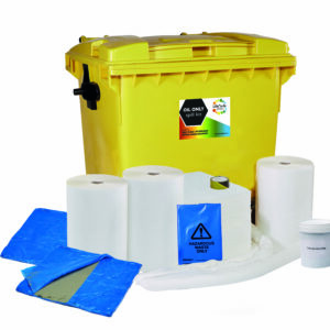1100 Litre Oil & Fuel Absorbent Spill Kit 4 Wheeled Bin with Drain Cover & Putty