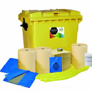 1100 Litre Chemical Absorbent Spill Kit 1100 4 Wheeled Bin, Drain Cover & Putty