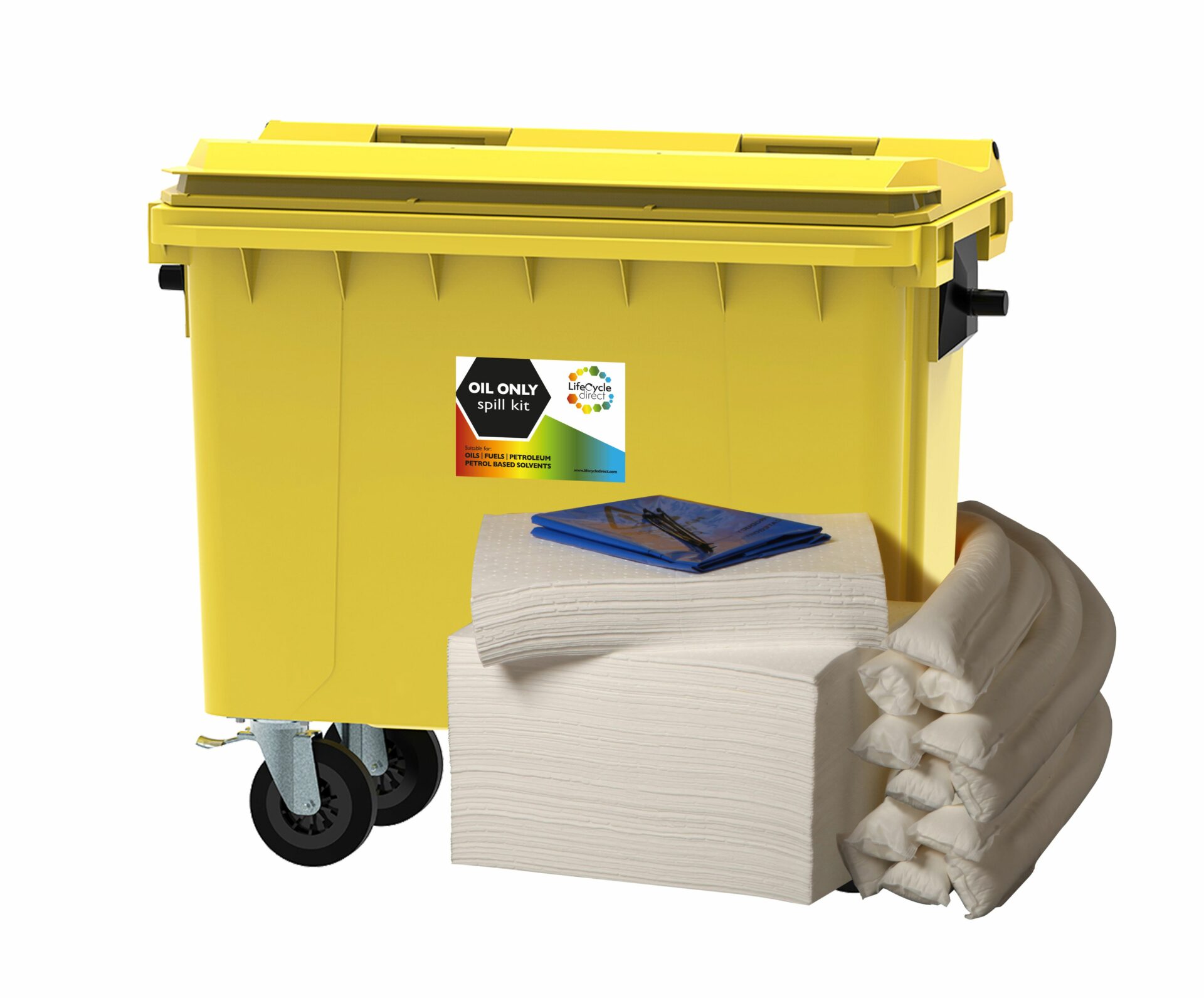 400 Litre Oil & Fuel Absorbent Spill Kit 4 Wheeled Bin with Drain Cover & Putty