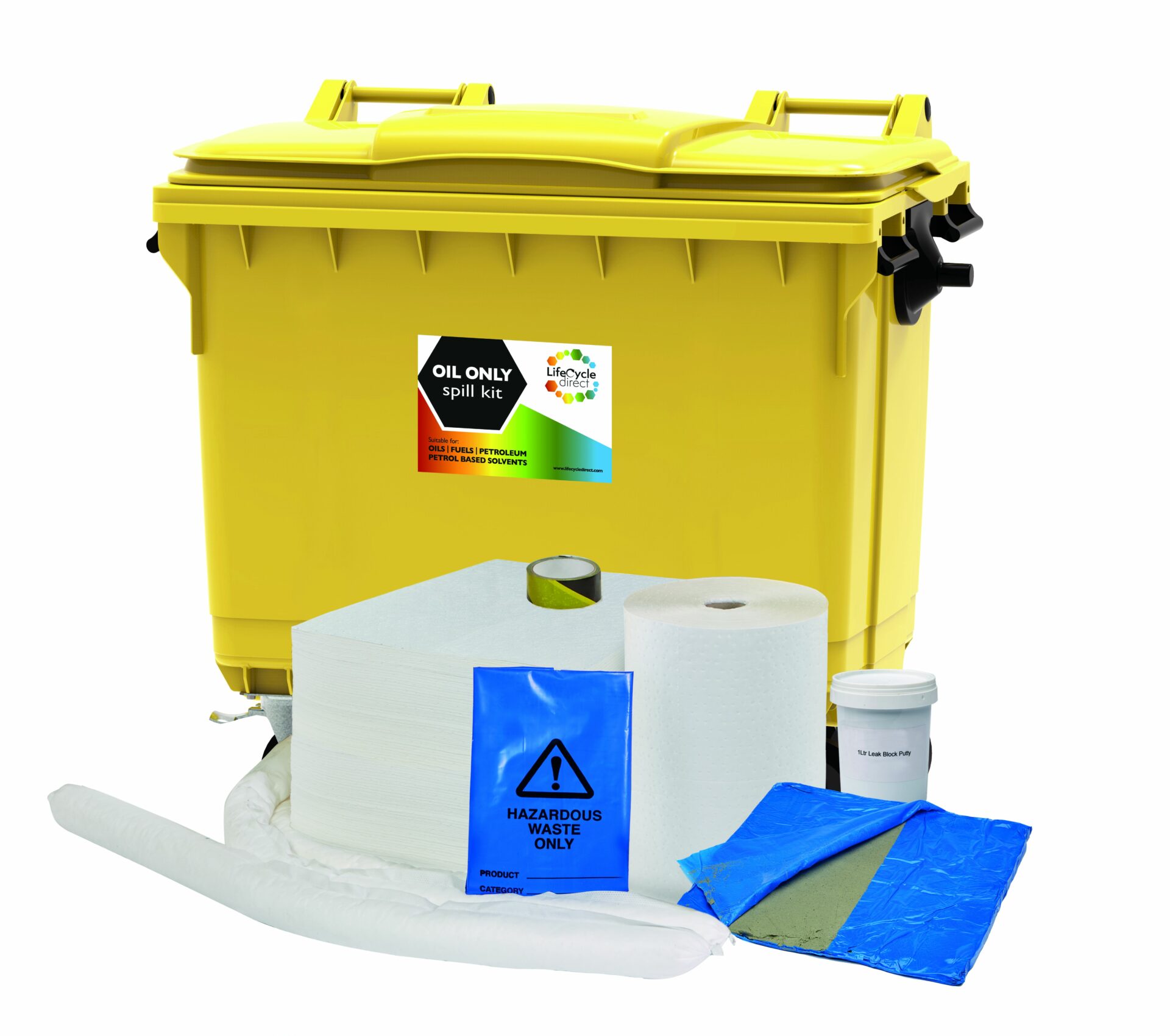 600 Litre Oil & Fuel Absorbent Spill Kit 4 Wheeled Bin with Drain Cover & Putty