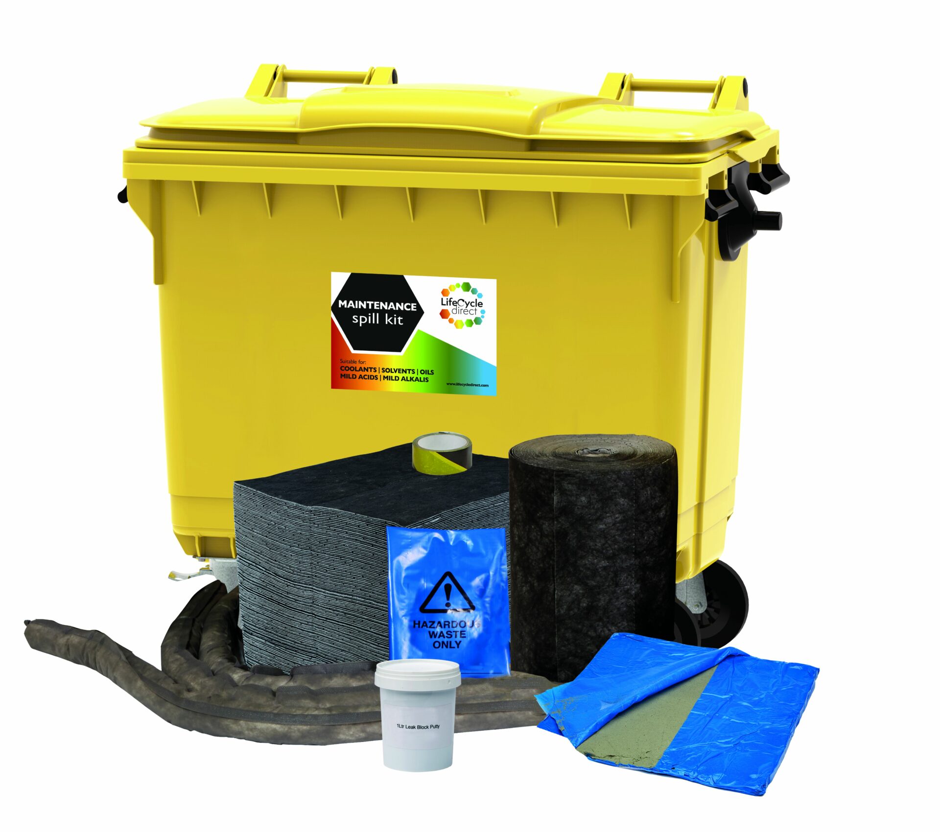 600 Litre General Maintenance Absorbent Spill Kit 4 Wheeled Bin with Drain Cover & Putty