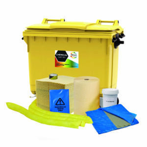 600 Litre Chemical Absorbent Spill Kit 4 Wheeled Bin, Drain Cover & Putty