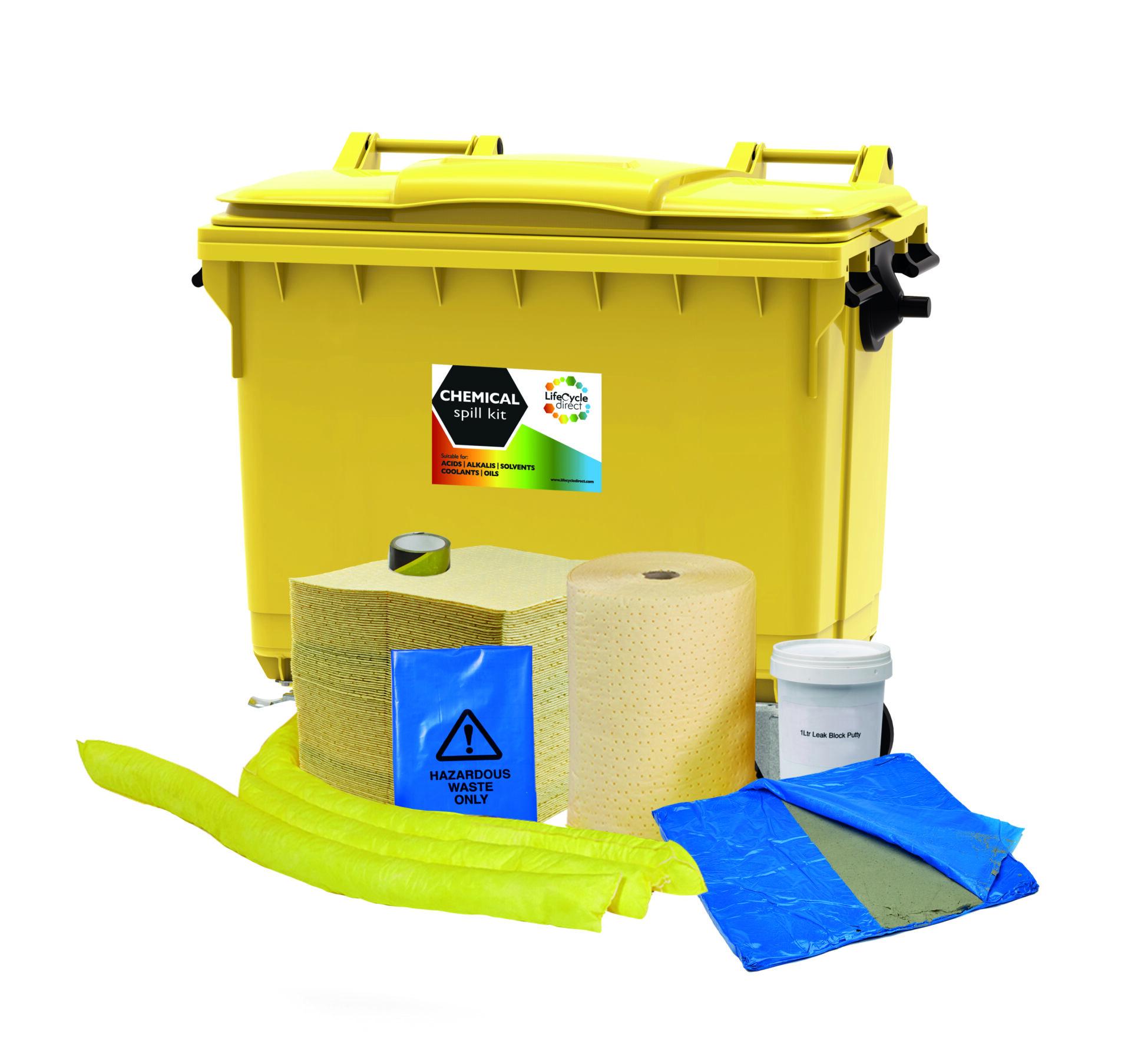 600 Litre Chemical Absorbent Spill Kit 4 Wheeled Bin, Drain Cover & Putty
